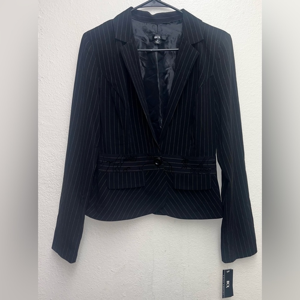NEW BCX Medium Stripe Button Down Lined‎ Blazer Jacket Black With Floral Middle